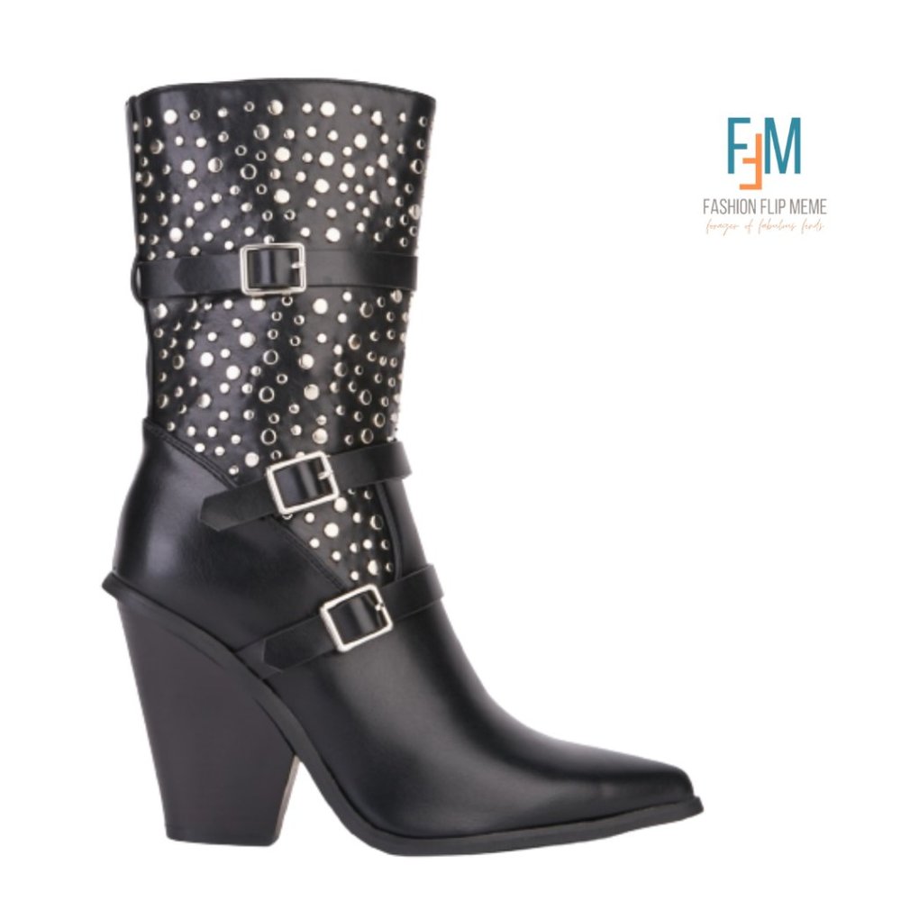 New! Black & Silver Studs & Buckles Mid Calf Block Heel Side Zip Boot 41 10M